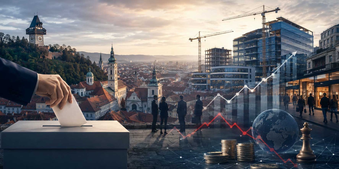 Graz-Wahl 2026: Wahlurne vor der Grazer Altstadt mit Uhrturm, Baukränen und steigender Wirtschaftskurve