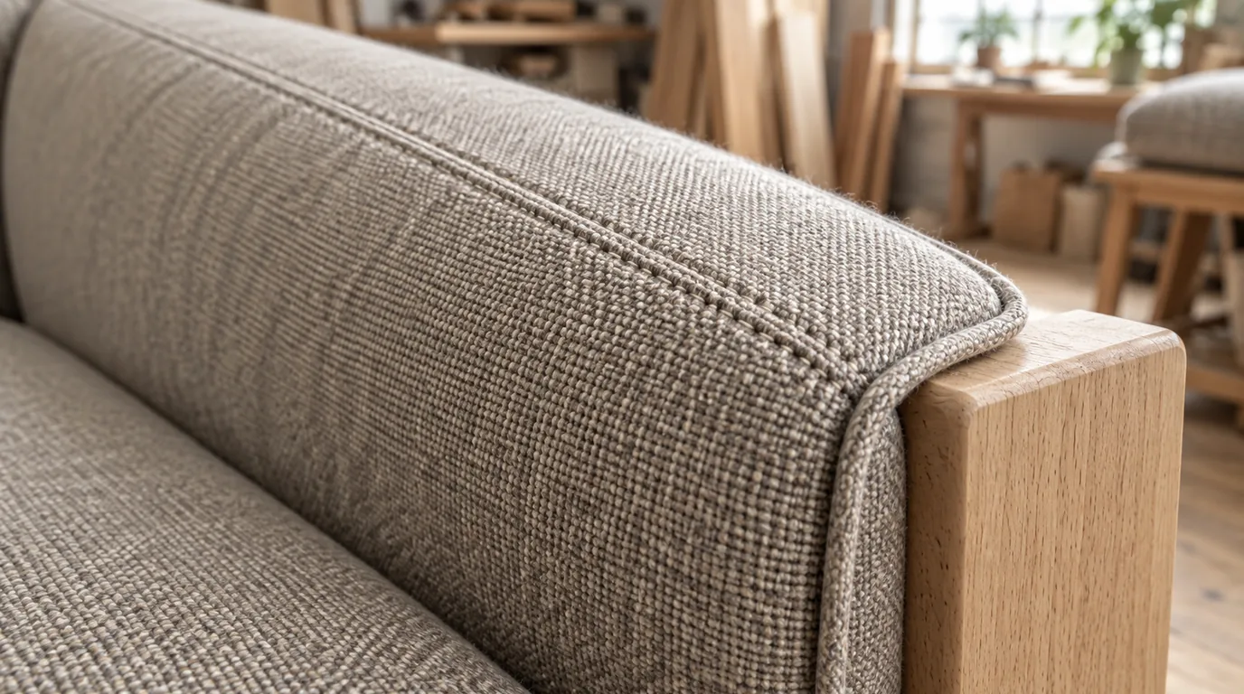 Detailaufnahme eines Polstersofas: grober Webstoff mit Doppelnaht und Keder, daneben ein Rahmen aus massivem Buchenholz
