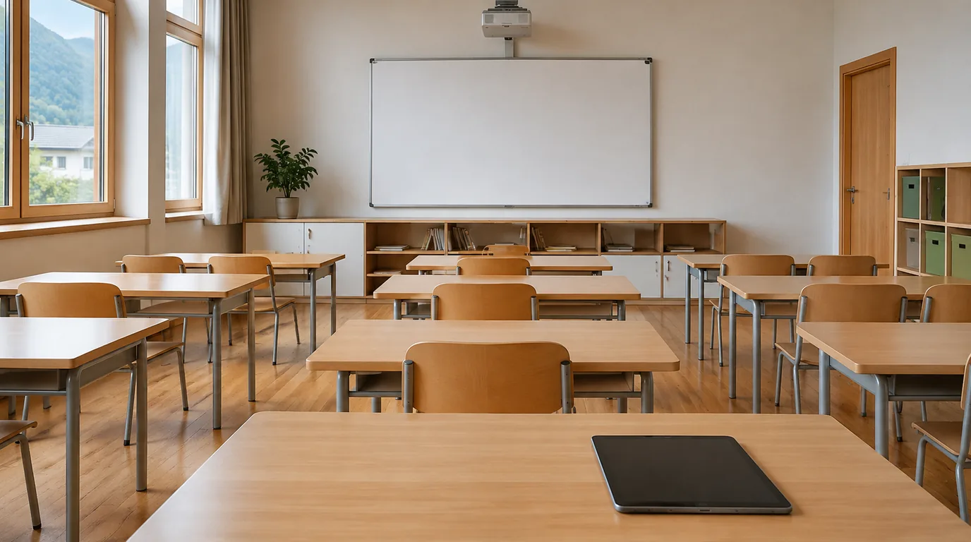 Leeres Klassenzimmer mit Tablet auf dem Lehrertisch - Digidoo digitalisiert die Lerndokumentation