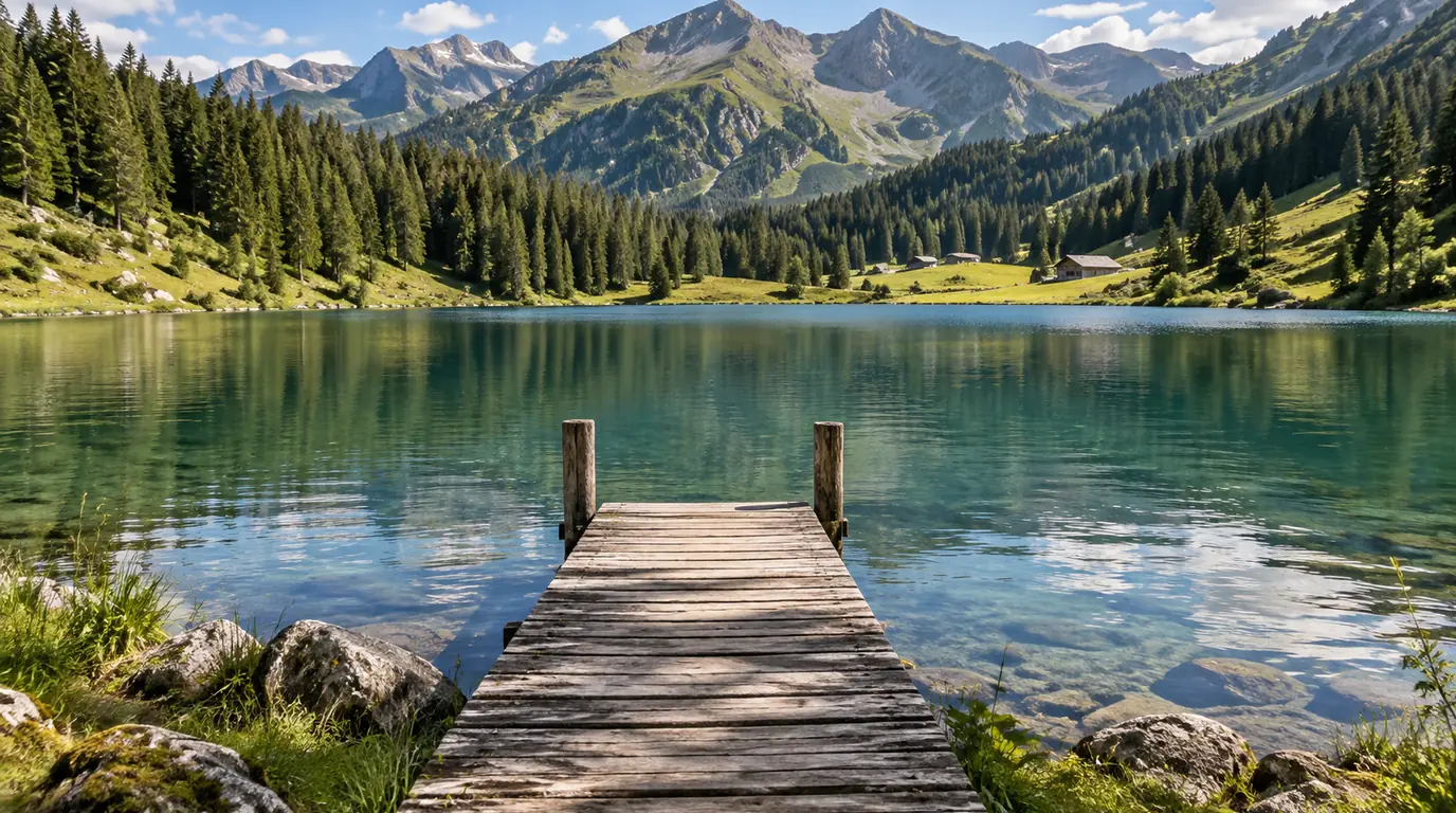 Bergsee in der Steiermark im Spätsommer mit Holzsteg, Fichtenwald und Almhütten am Ufer