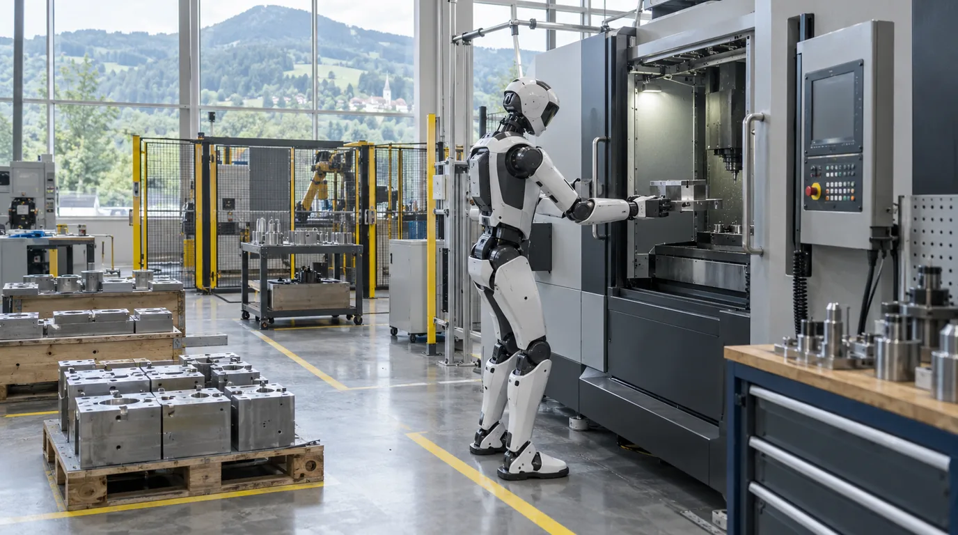 Humanoider Roboter legt in einer Fertigungshalle ein Werkstück in eine CNC-Maschine, im Hintergrund Schutzzaun, Paletten mit Metallteilen und bewaldete Hügel