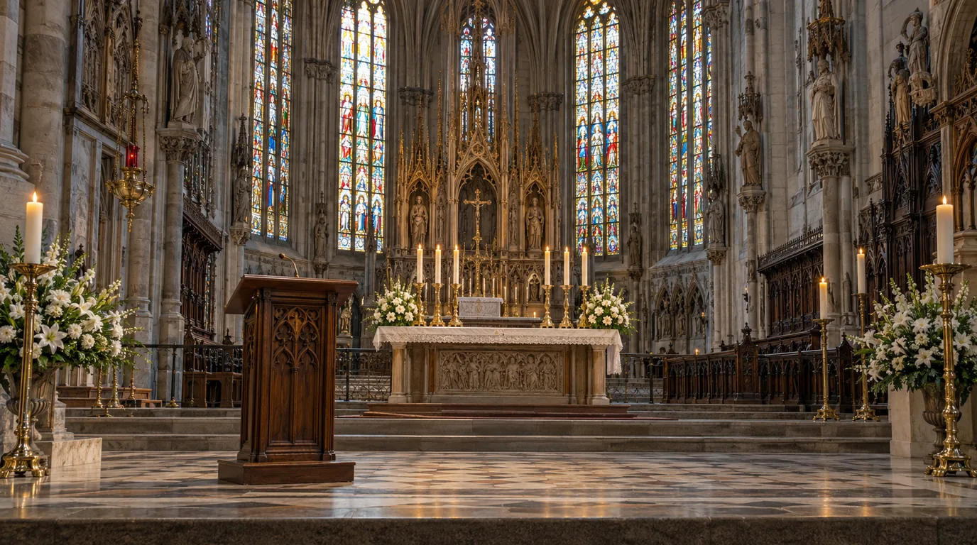 Leeres gotisches Kirchenschiff mit hölzernem Rednerpult vor dem Altar, Kerzen, weiße Lilien und farbige Glasfenster